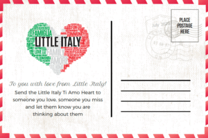 Back of postcard for little italy Tiamo campaign